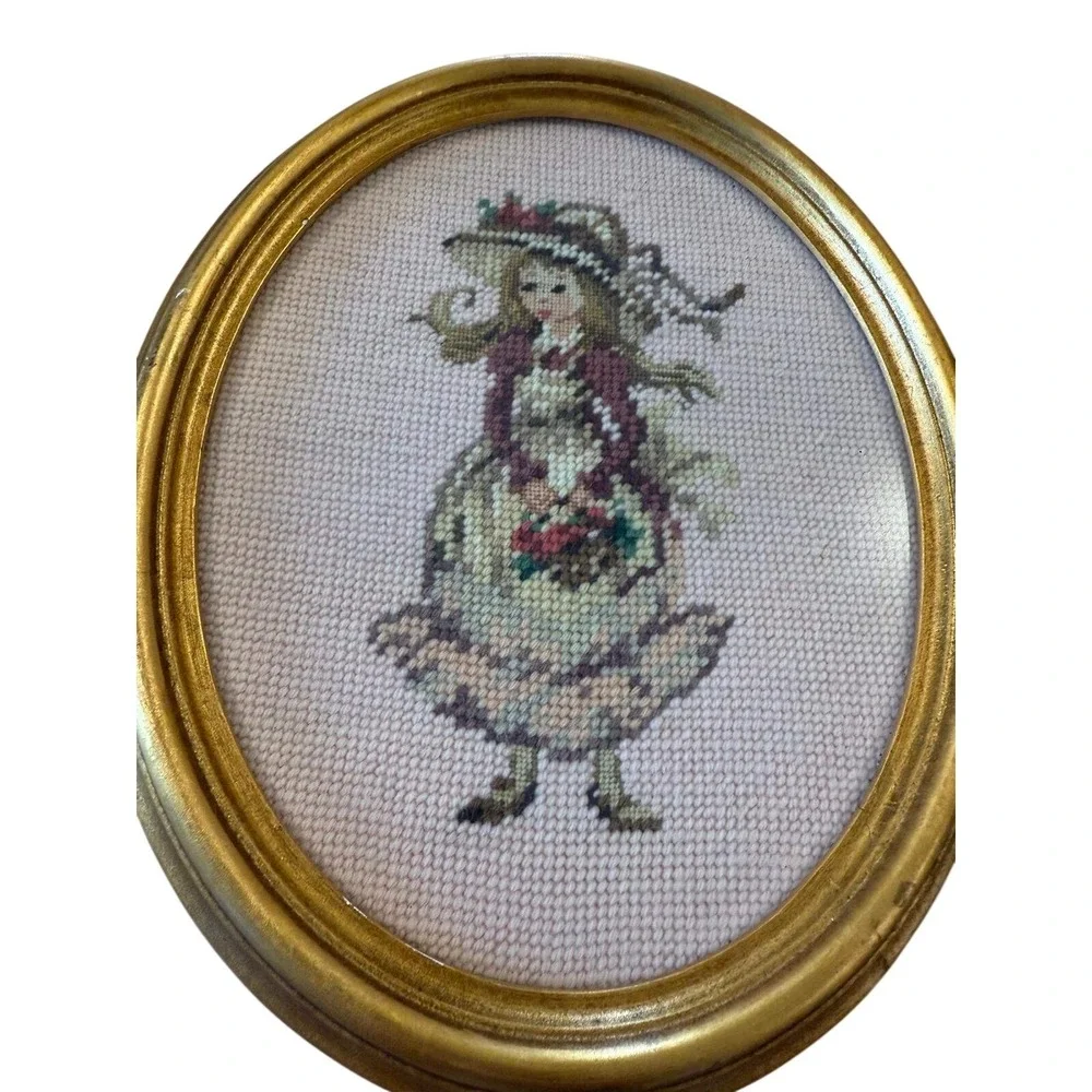 Vintage Oval Gold Framed‎ Needlepoint Art Pair Victorian Girls Marjane Davant